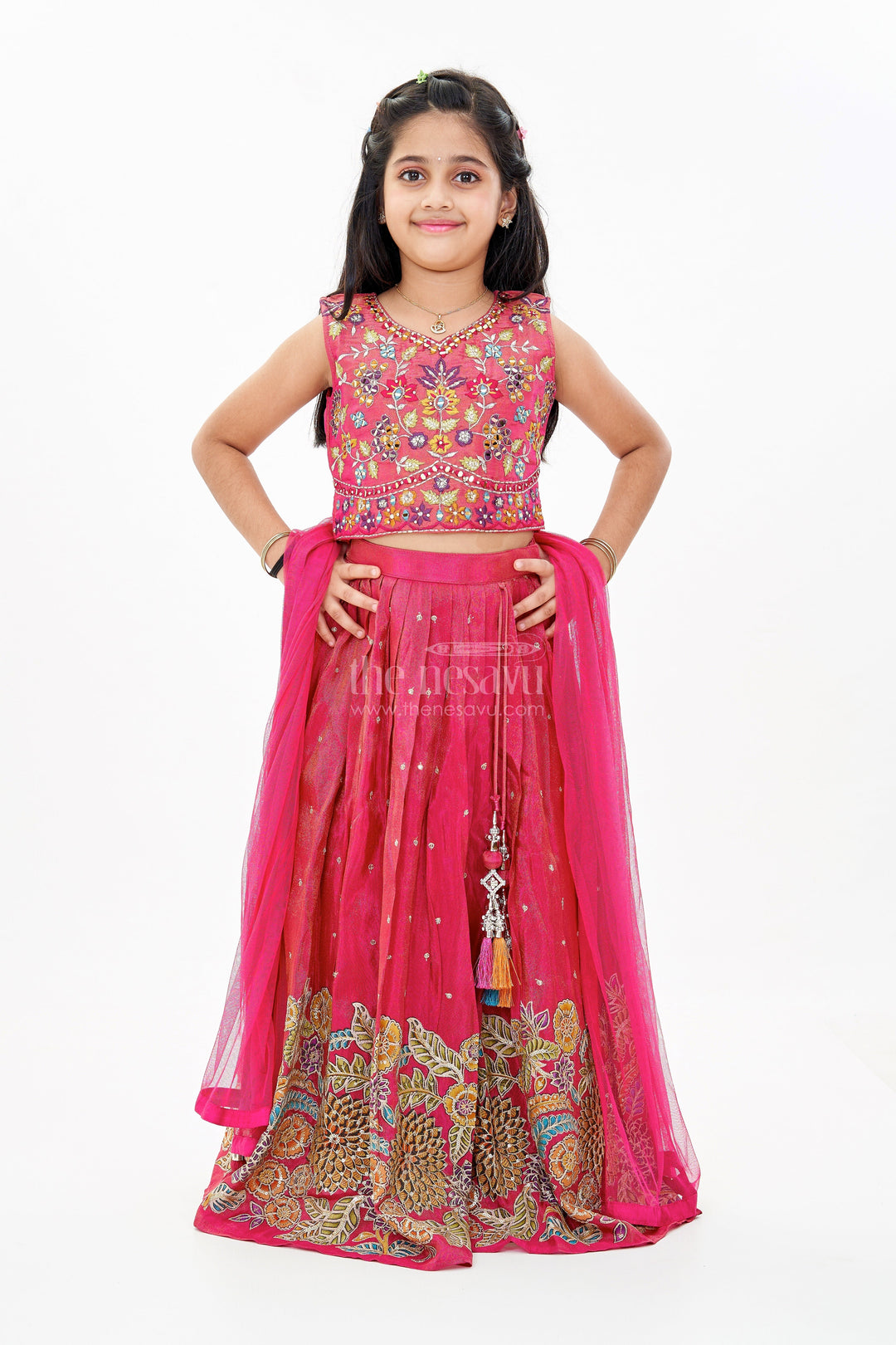The Nesavu Girls Lehenga Choli Girls New Trendy Lehenga in Magenta with Intricate Threadwork and Mirror Embellishments Nesavu Girls Trendy Magenta Lehenga Set Embroidered Choli Mirror Work | The Nesavu