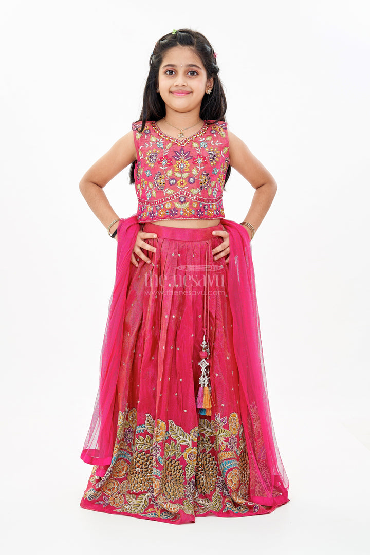The Nesavu Girls Lehenga Choli Girls New Trendy Lehenga in Magenta with Intricate Threadwork and Mirror Embellishments Nesavu Girls Trendy Magenta Lehenga Set Embroidered Choli Mirror Work | The Nesavu