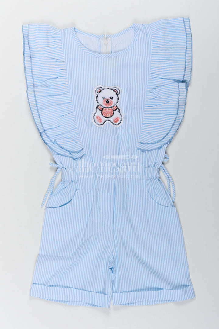 The Nesavu Girls Cotton Frock Girls Night Frock in Soft Cotton with Striped Pattern and Sequin Teddy Bear Design Nesavu 18 (2Y) / Blue GFC1652A-18 Nesavu Girls Night Frock Soft Cotton Striped Pattern Sequin Teddy Bear Design