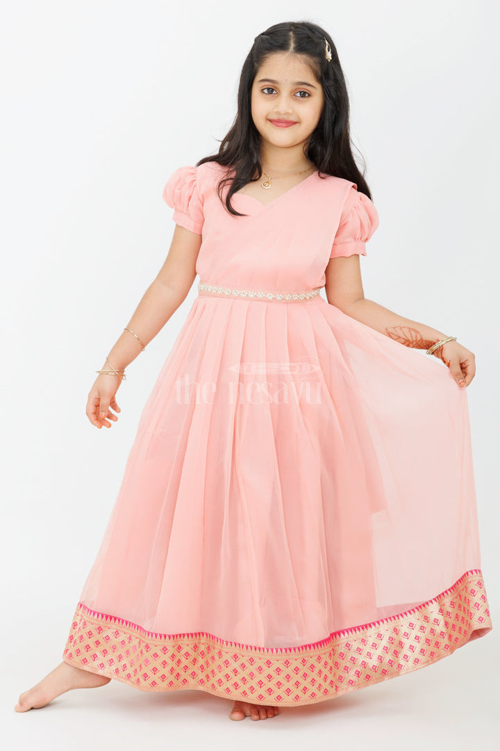 The Nesavu Girls Casual Gown Girls Night Party Gown in Georgette with Elegant Pleats and Gold Zari Border Nesavu 18 (2Y) / Pink GA274A-18 Girls Night Party Gown Georgette Pleated Design Gold Zari Border | The Nesavu
