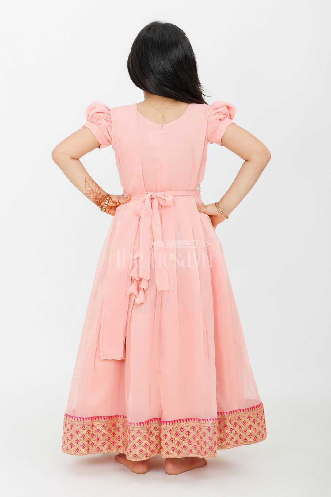 The Nesavu Girls Casual Gown Girls Night Party Gown in Georgette with Elegant Pleats and Gold Zari Border Nesavu Girls Night Party Gown Georgette Pleated Design Gold Zari Border | The Nesavu