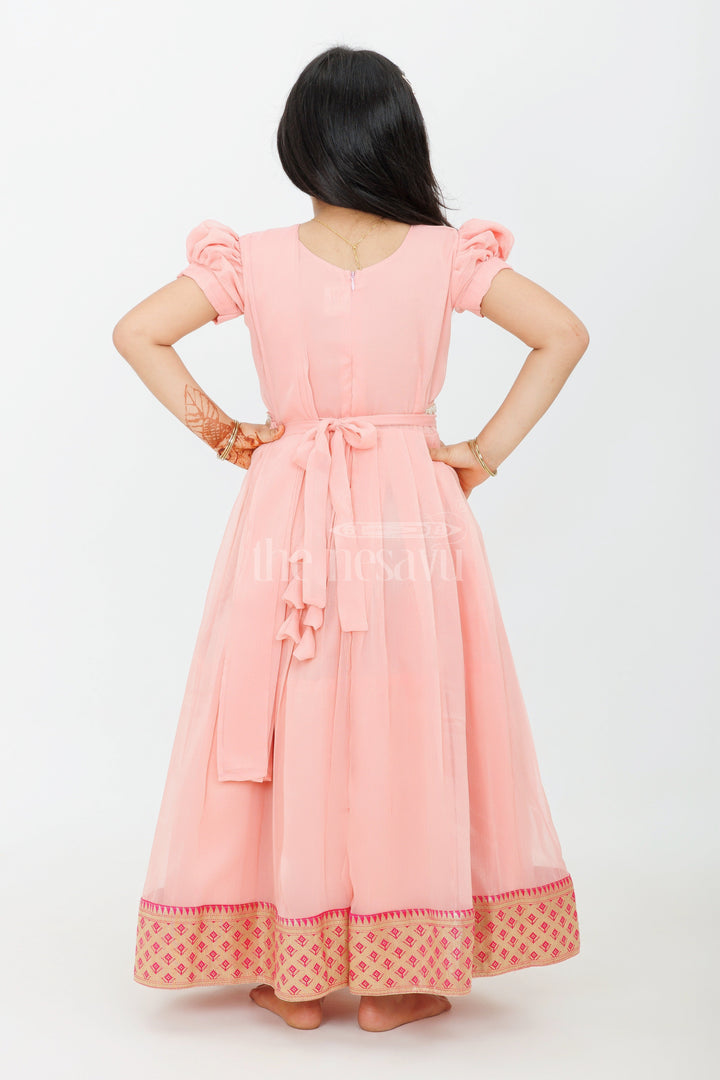 The Nesavu Girls Casual Gown Girls Night Party Gown in Georgette with Elegant Pleats and Gold Zari Border Nesavu Girls Night Party Gown Georgette Pleated Design Gold Zari Border | The Nesavu