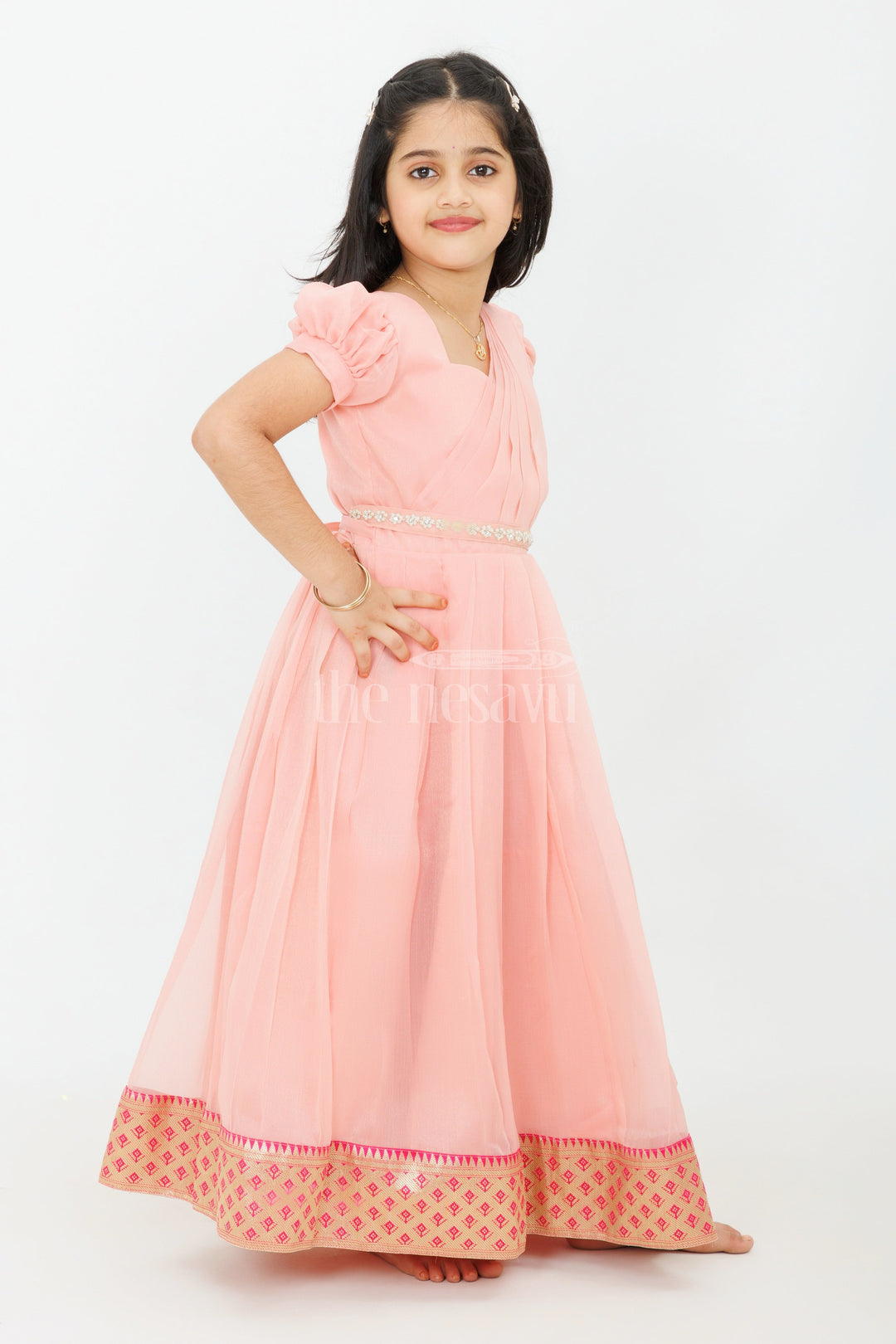 The Nesavu Girls Casual Gown Girls Night Party Gown in Georgette with Elegant Pleats and Gold Zari Border Nesavu Girls Night Party Gown Georgette Pleated Design Gold Zari Border | The Nesavu