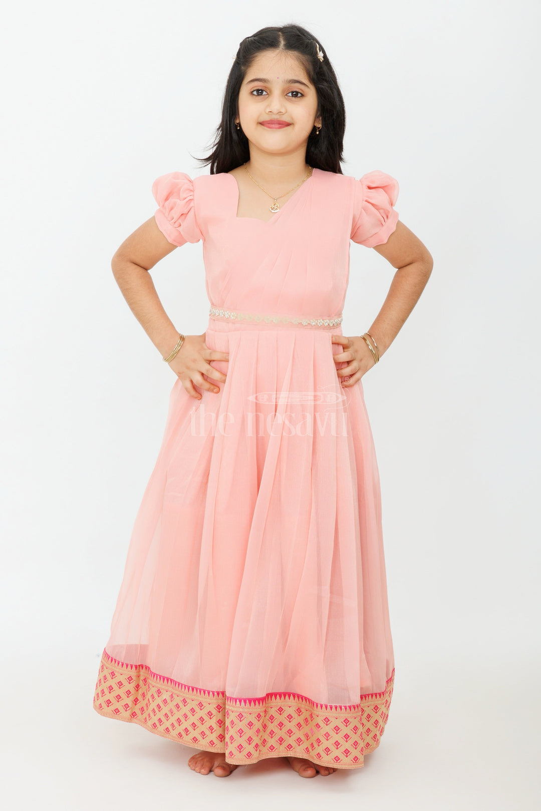 The Nesavu Girls Casual Gown Girls Night Party Gown in Georgette with Elegant Pleats and Gold Zari Border Nesavu Girls Night Party Gown Georgette Pleated Design Gold Zari Border | The Nesavu