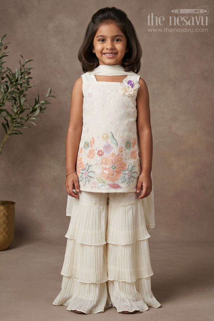 The Nesavu Girls Sharara / Plazo Set Girls Off White Sharara with Floral Embroidered Top and Layered Ruffle Pants Nesavu 16 (1Y) / Cream GPS548A-16 Girls Off White Sharara Floral Embroidered Top Layered Ruffle Pants | The Nesavu