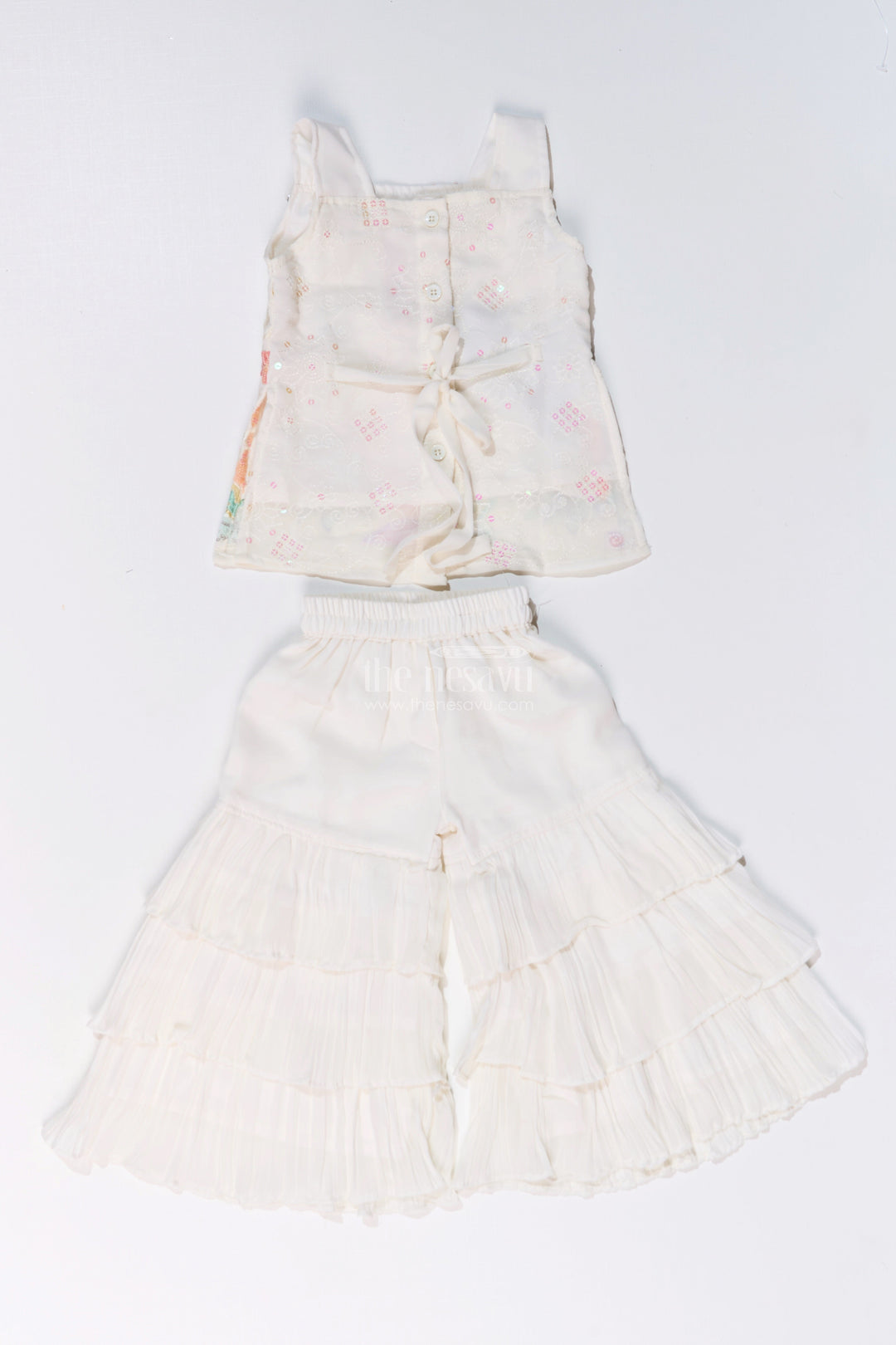 The Nesavu Girls Sharara / Plazo Set Girls Off White Sharara with Floral Embroidered Top and Layered Ruffle Pants Nesavu Girls Off White Sharara Floral Embroidered Top Layered Ruffle Pants | The Nesavu