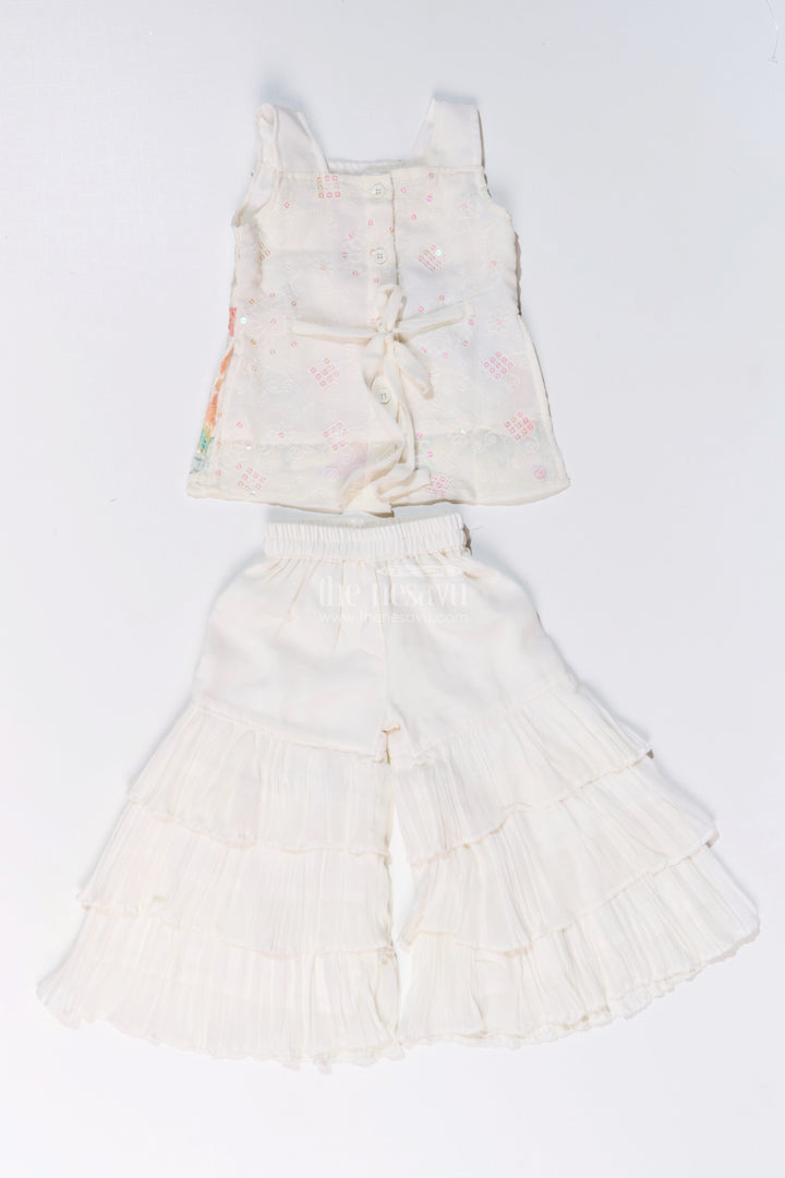 The Nesavu Girls Sharara / Plazo Set Girls Off White Sharara with Floral Embroidered Top and Layered Ruffle Pants Nesavu Girls Off White Sharara Floral Embroidered Top Layered Ruffle Pants | The Nesavu