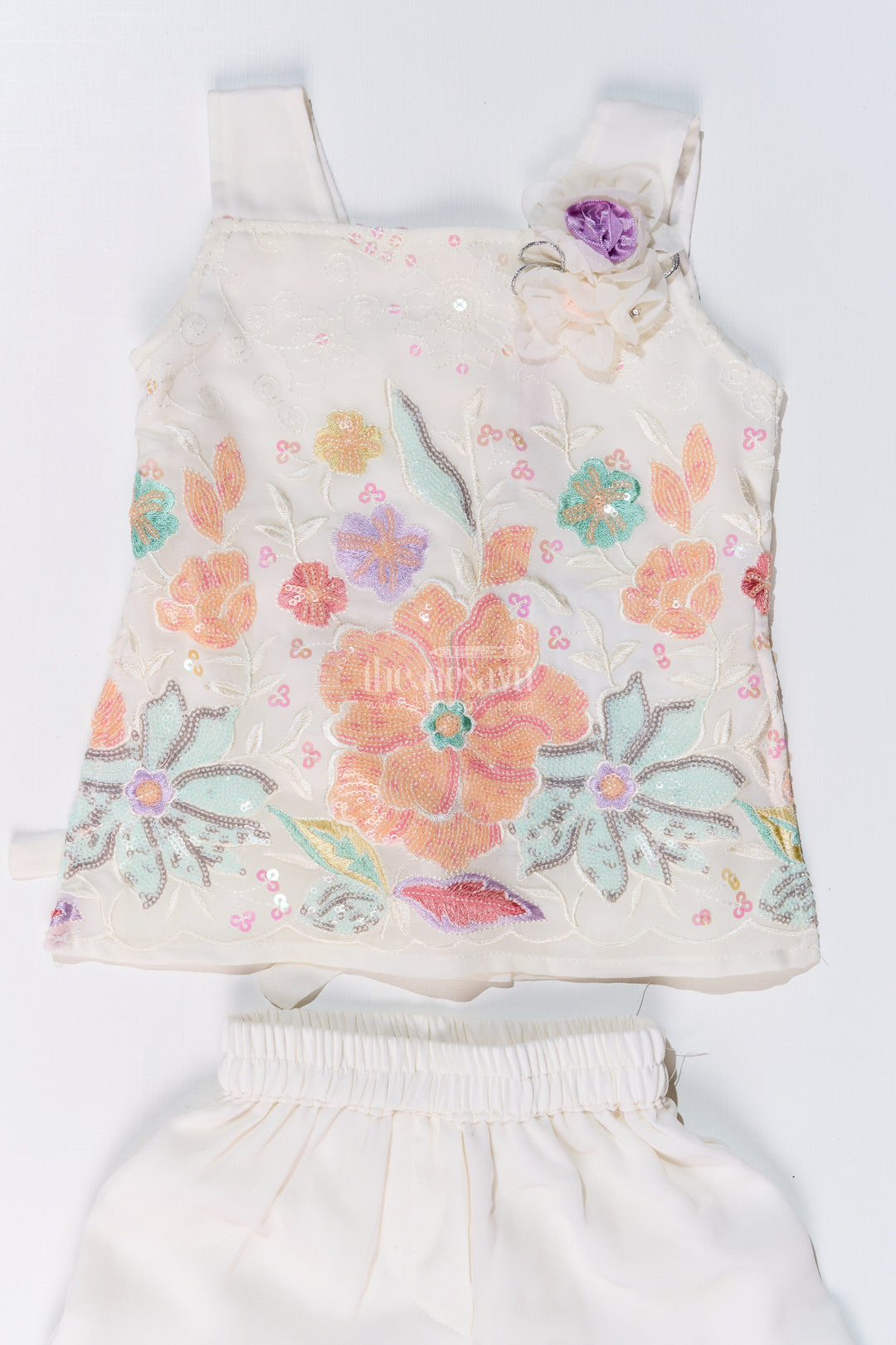 The Nesavu Girls Sharara / Plazo Set Girls Off White Sharara with Floral Embroidered Top and Layered Ruffle Pants Nesavu Girls Off White Sharara Floral Embroidered Top Layered Ruffle Pants | The Nesavu