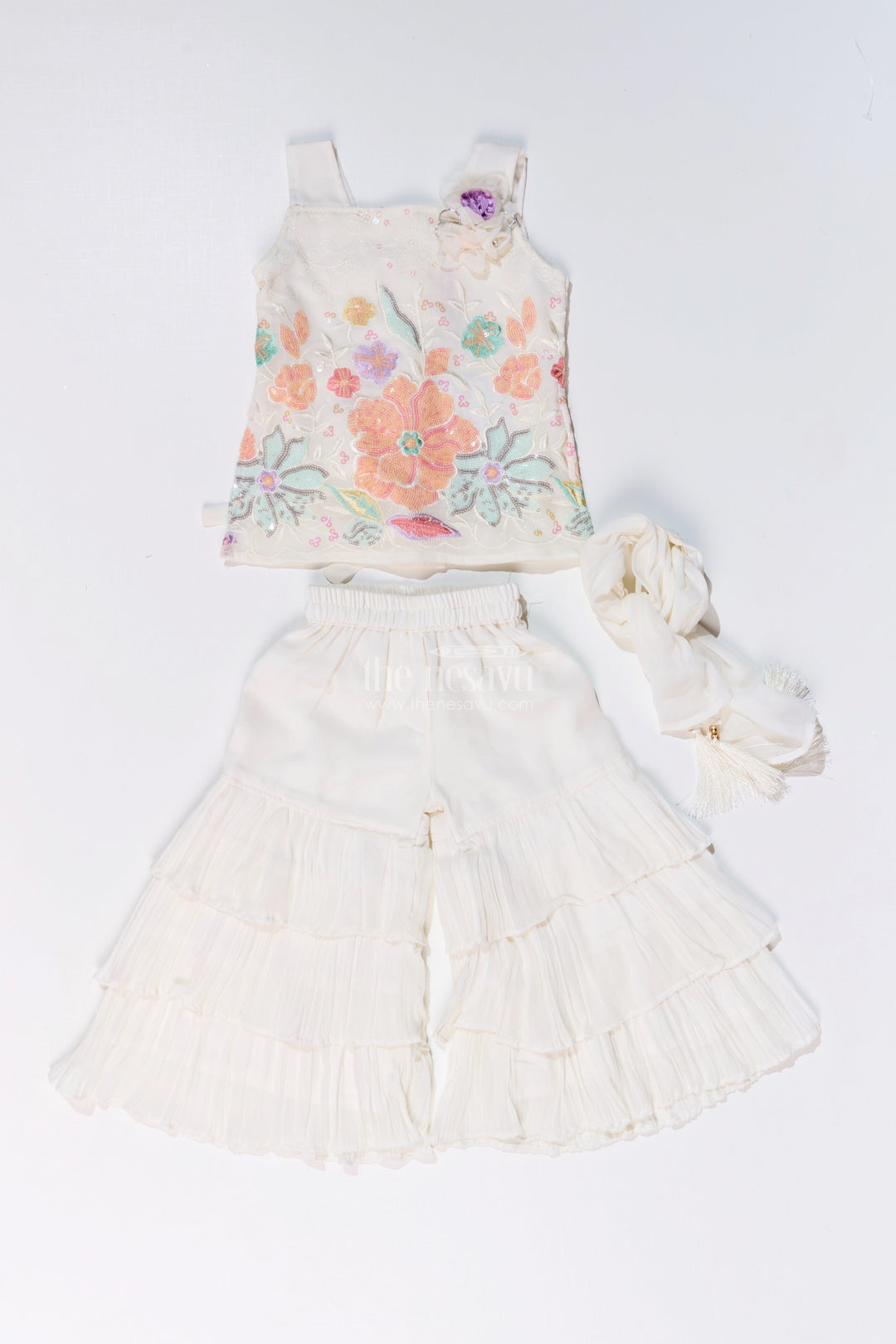 The Nesavu Girls Sharara / Plazo Set Girls Off White Sharara with Floral Embroidered Top and Layered Ruffle Pants Nesavu Girls Off White Sharara Floral Embroidered Top Layered Ruffle Pants | The Nesavu