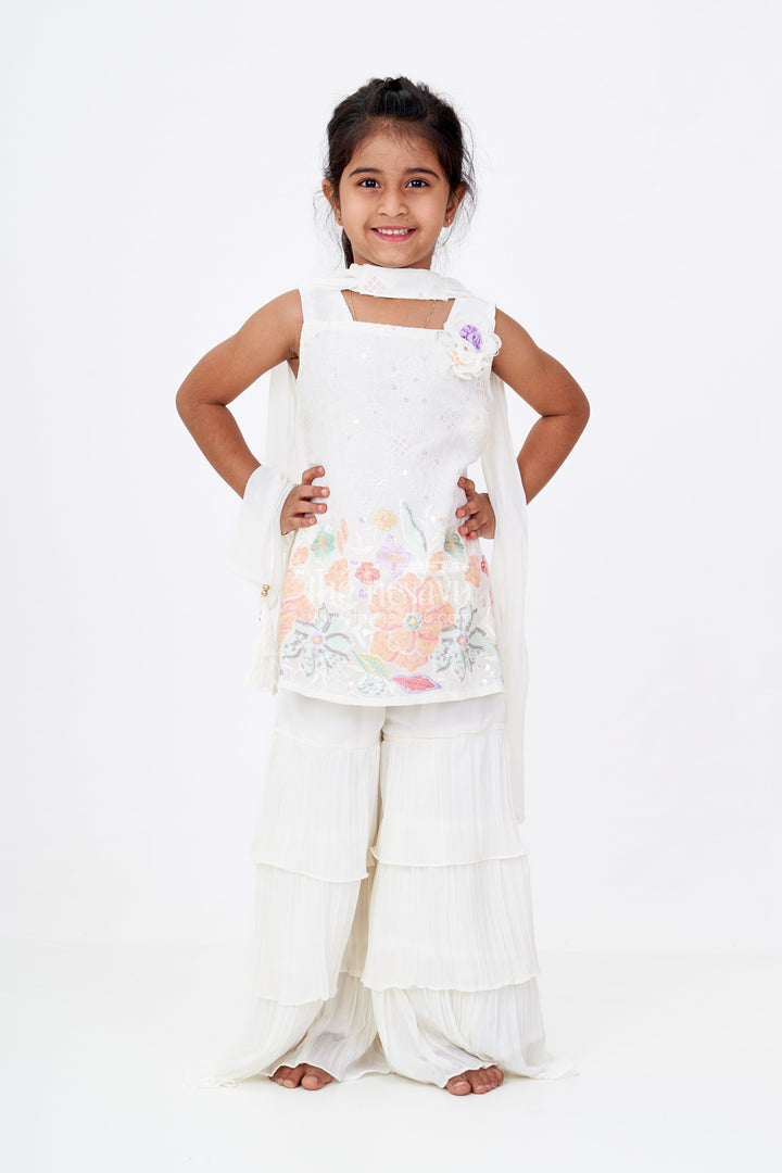 The Nesavu Girls Sharara / Plazo Set Girls Off White Sharara with Floral Embroidered Top and Layered Ruffle Pants Nesavu Girls Off White Sharara Floral Embroidered Top Layered Ruffle Pants | The Nesavu