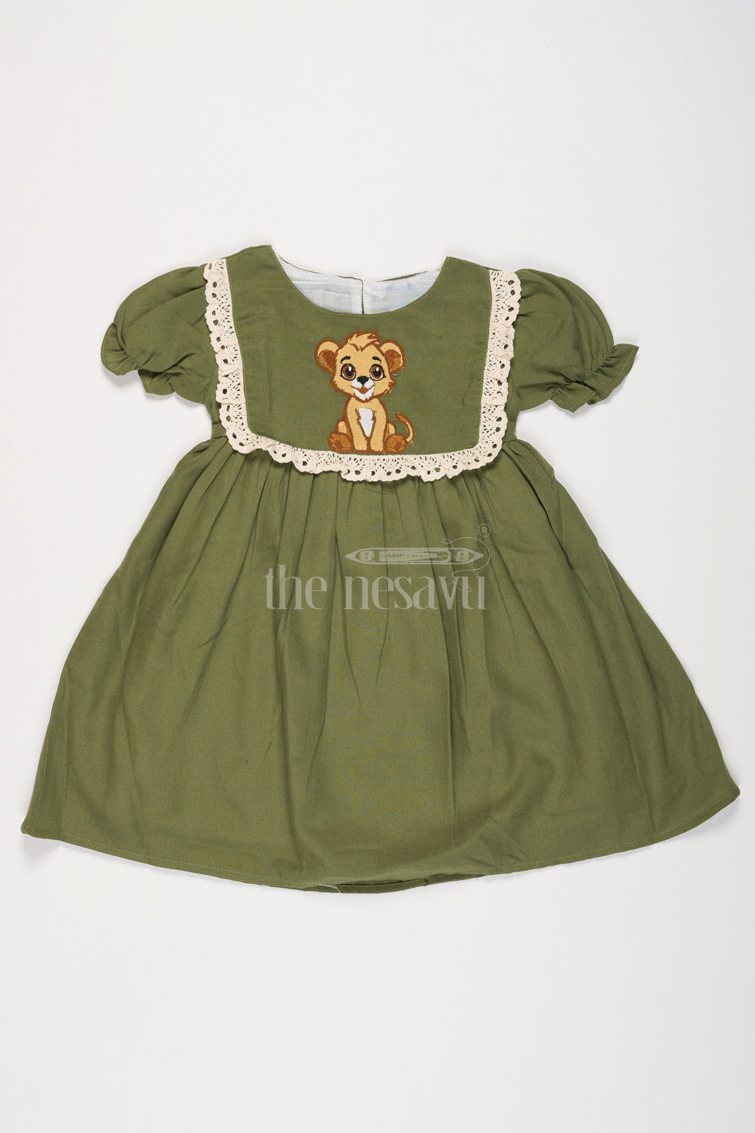 The Nesavu Girls Cotton Frock Girls Olive Green Cotton Frock with Front Yoke Embroidery and Puff Sleeves in Smart Frock Front Design Nesavu Nesavu Girls Olive Green Cotton Frock Embroidered Yoke Stylish frock front design