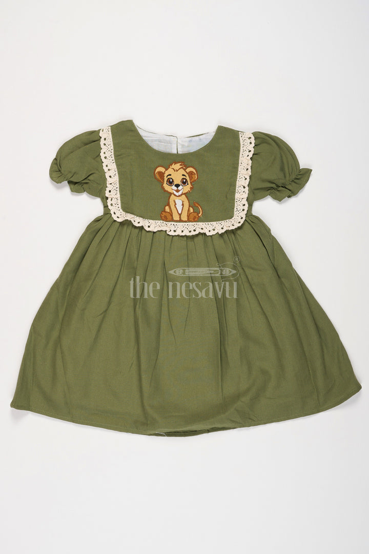 The Nesavu Girls Cotton Frock Girls Olive Green Cotton Frock with Front Yoke Embroidery and Puff Sleeves in Smart Frock Front Design Nesavu Nesavu Girls Olive Green Cotton Frock Embroidered Yoke Stylish frock front design