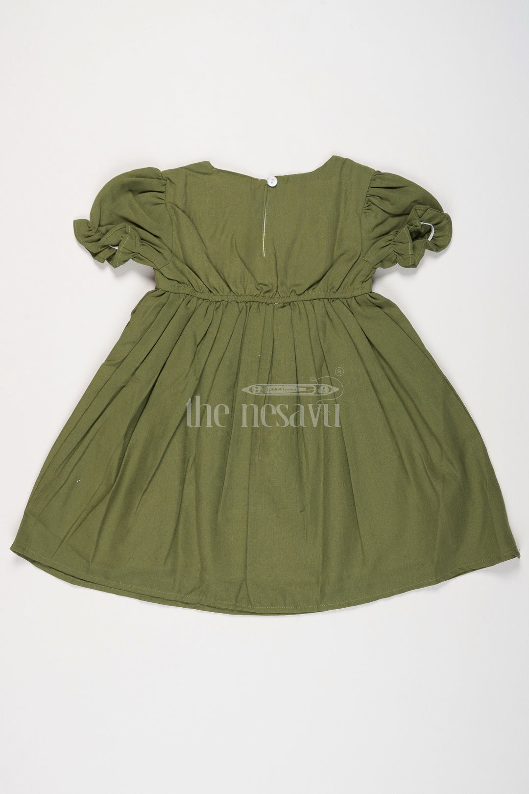 The Nesavu Girls Cotton Frock Girls Olive Green Cotton Frock with Front Yoke Embroidery and Puff Sleeves in Smart Frock Front Design Nesavu Nesavu Girls Olive Green Cotton Frock Embroidered Yoke Stylish frock front design