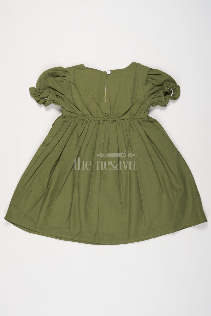 The Nesavu Girls Cotton Frock Girls Olive Green Cotton Frock with Front Yoke Embroidery and Puff Sleeves in Smart Frock Front Design Nesavu Nesavu Girls Olive Green Cotton Frock Embroidered Yoke Stylish frock front design