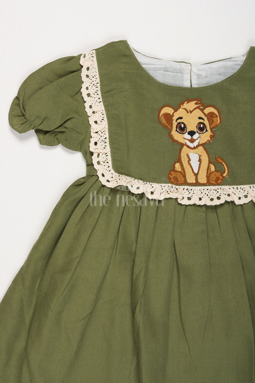 The Nesavu Girls Cotton Frock Girls Olive Green Cotton Frock with Front Yoke Embroidery and Puff Sleeves in Smart Frock Front Design Nesavu Nesavu Girls Olive Green Cotton Frock Embroidered Yoke Stylish frock front design