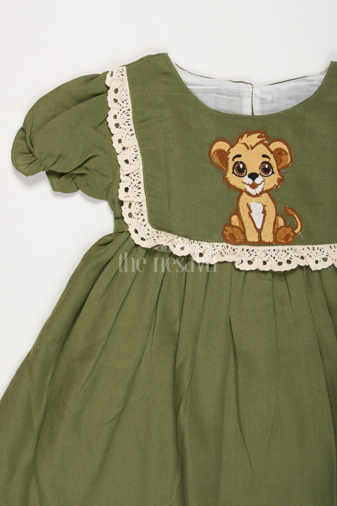 The Nesavu Girls Cotton Frock Girls Olive Green Cotton Frock with Front Yoke Embroidery and Puff Sleeves in Smart Frock Front Design Nesavu Nesavu Girls Olive Green Cotton Frock Embroidered Yoke Stylish frock front design