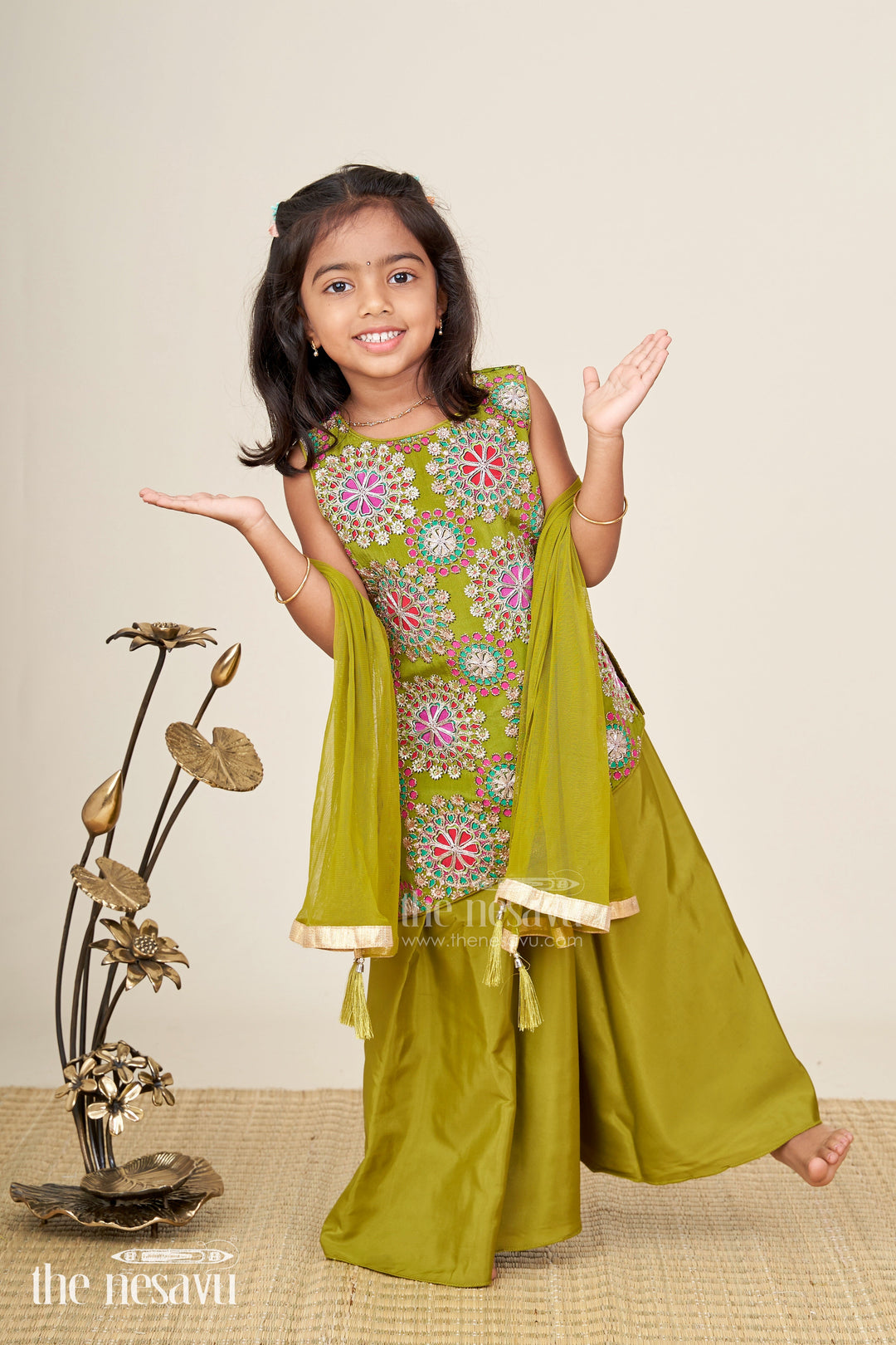 The Nesavu Girls Sharara / Plazo Set Girls Olive Palazzo Set With Sequin Crop Top Nesavu 18 (2Y) / Green GPS657B-18 Nesavu Olive Green Sequin Palazzo Set Girls Party Wear Sangeet Mehendi