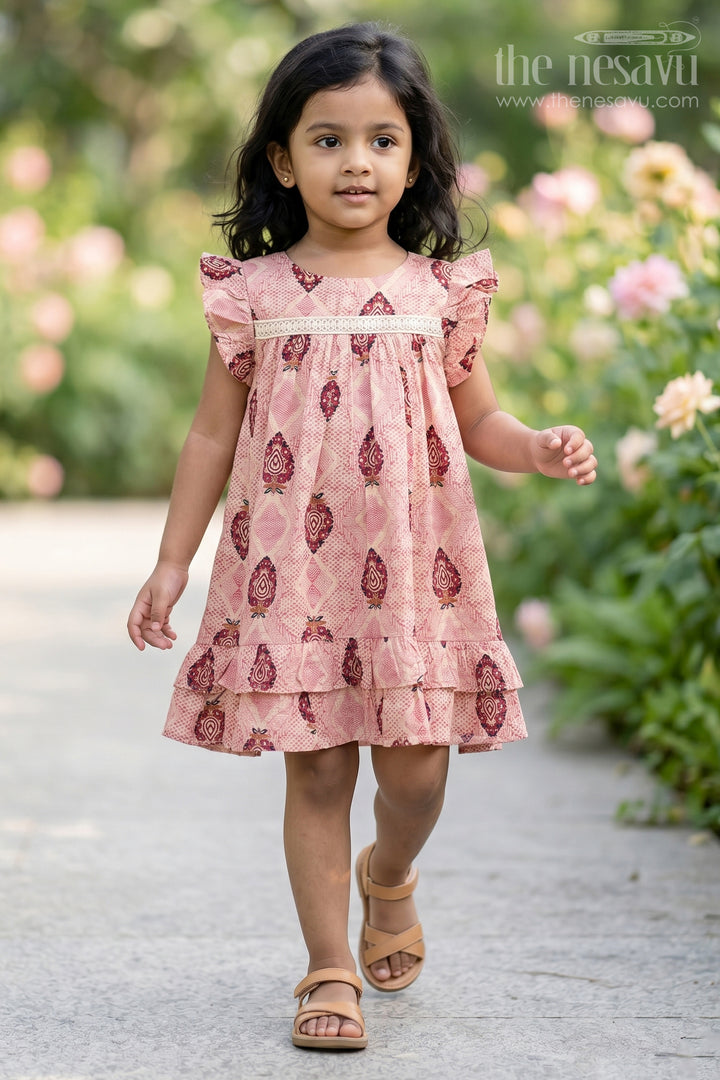 The Nesavu Girls Fancy Frock Girls One Piece Dress Frock Type in Beige Rayon with Ethnic Digital Print and Ruffle Sleeves Nesavu 18 (2Y) / Maroon GFC1760A-18 Nesavu Beige Rayon One Piece Dress Frock Type Ethnic Digital Print Ruffle Sleeves