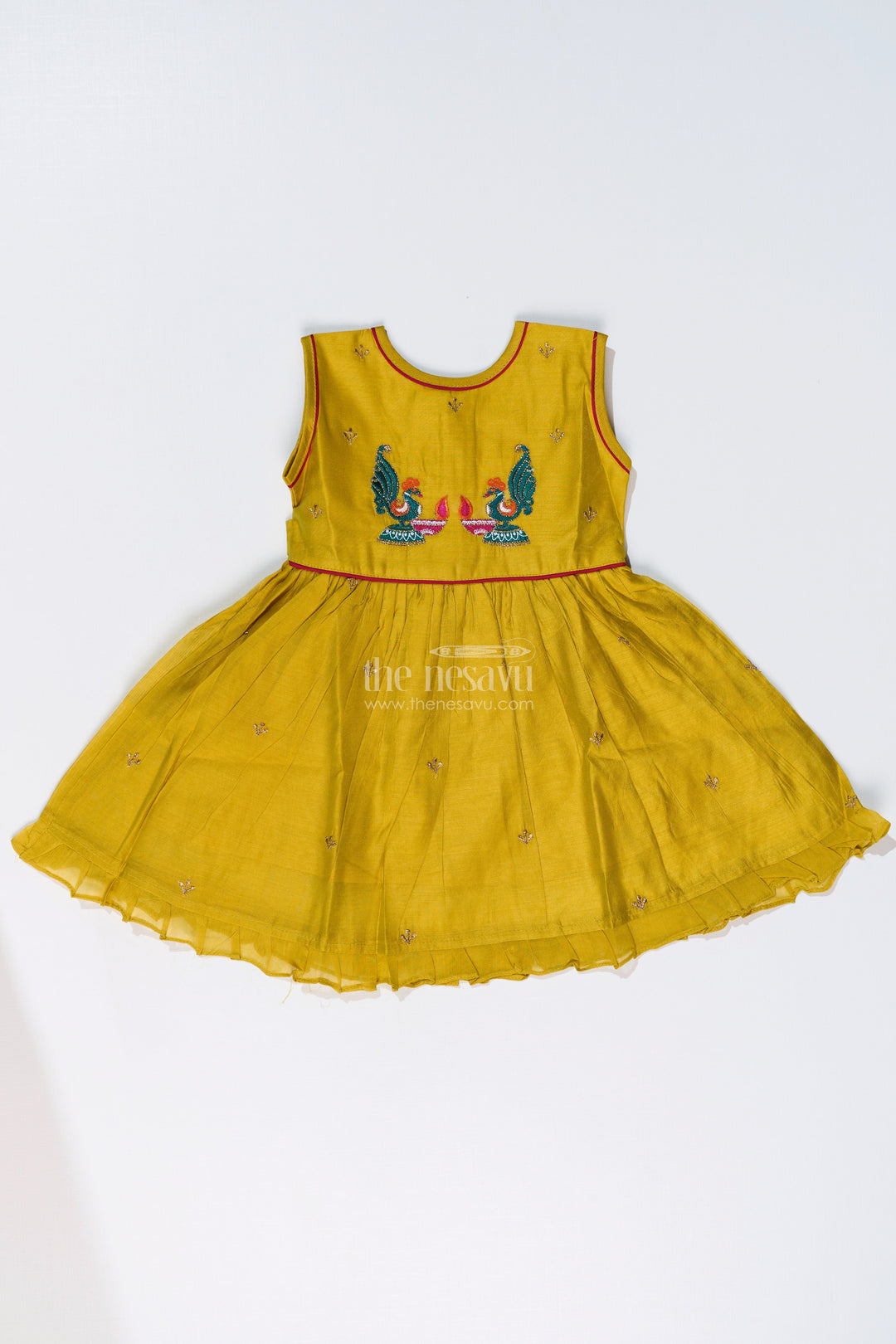 The Nesavu Girls Chanderi Frock Girls One Piece Frock with Peacock Embroidery and Chanderi Cotton Fabric for Festive Wear Nesavu 16 (1Y) / Yellow GFC1648A-16 Girls One Piece Frock Peacock Embroidery Chanderi Cotton Fabric Festive Wear | The Nesavu