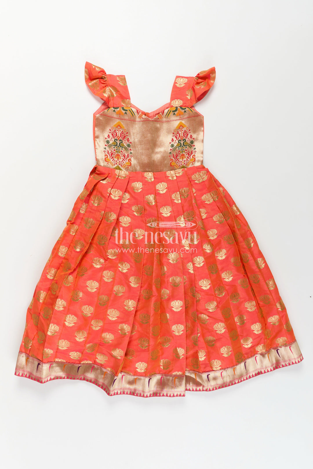 The Nesavu Girls Silk Gown Girls Orange Anarkali Gown in Semi Banaras Silk with Paithani Embroidery and Traditional Gold Patterns Nesavu 24 (5Y) / Orange / Style 2 GA322BB-24 Nesavu Orange Anarkali Gown in Semi Banaras Silk with Paithani Border and Zari Embellishment