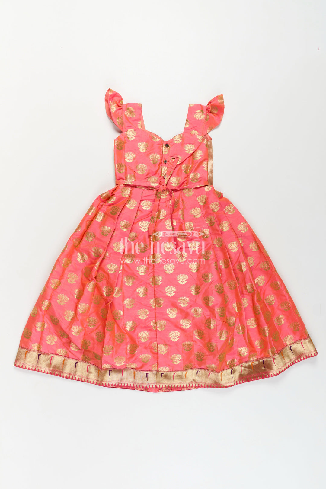 The Nesavu Girls Silk Gown Girls Orange Anarkali Gown in Semi Banaras Silk with Paithani Embroidery and Traditional Gold Patterns Nesavu Nesavu Orange Anarkali Gown in Semi Banaras Silk with Paithani Border and Zari Embellishment