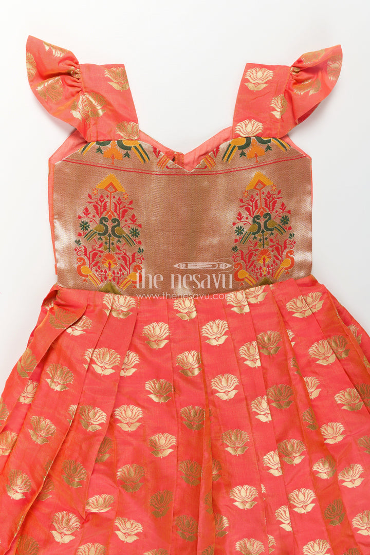The Nesavu Girls Silk Gown Girls Orange Anarkali Gown in Semi Banaras Silk with Paithani Embroidery and Traditional Gold Patterns Nesavu Nesavu Orange Anarkali Gown in Semi Banaras Silk with Paithani Border and Zari Embellishment