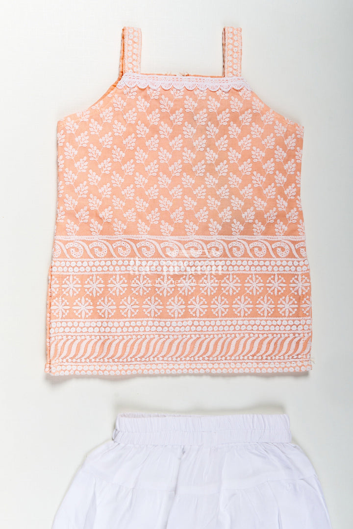 The Nesavu Girls Churidar Sets Girls Orange Chudi Set in Cotton with Embroidered Sleeveless Kurti and White Dhoti Pants Nesavu Girls Orange Chudi Set Thread Embroidery Cotton Kurti White Dhoti Dupatta | The Nesavu