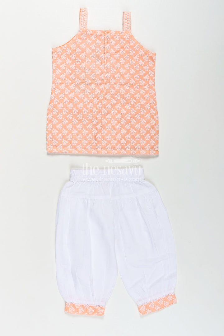 The Nesavu Girls Churidar Sets Girls Orange Chudi Set in Cotton with Embroidered Sleeveless Kurti and White Dhoti Pants Nesavu Girls Orange Chudi Set Thread Embroidery Cotton Kurti White Dhoti Dupatta | The Nesavu