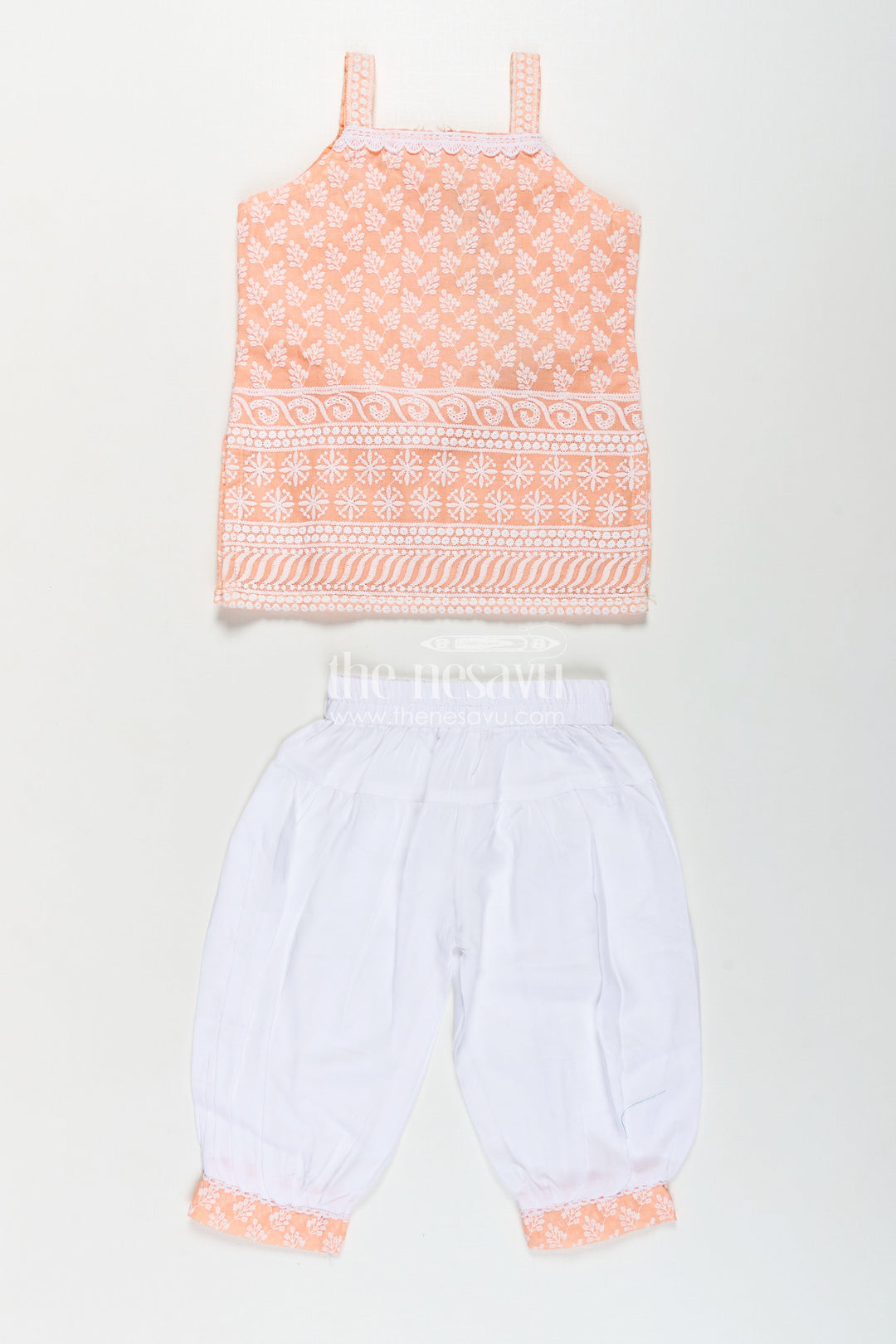 The Nesavu Girls Churidar Sets Girls Orange Chudi Set in Cotton with Embroidered Sleeveless Kurti and White Dhoti Pants Nesavu Girls Orange Chudi Set Thread Embroidery Cotton Kurti White Dhoti Dupatta | The Nesavu