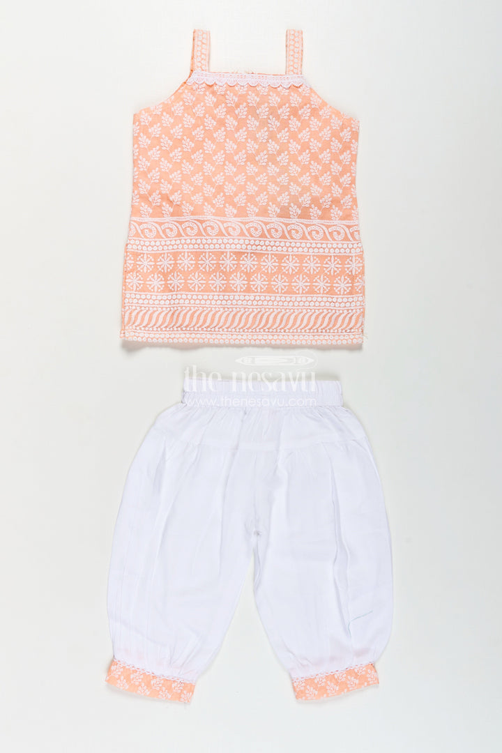 The Nesavu Girls Churidar Sets Girls Orange Chudi Set in Cotton with Embroidered Sleeveless Kurti and White Dhoti Pants Nesavu Girls Orange Chudi Set Thread Embroidery Cotton Kurti White Dhoti Dupatta | The Nesavu