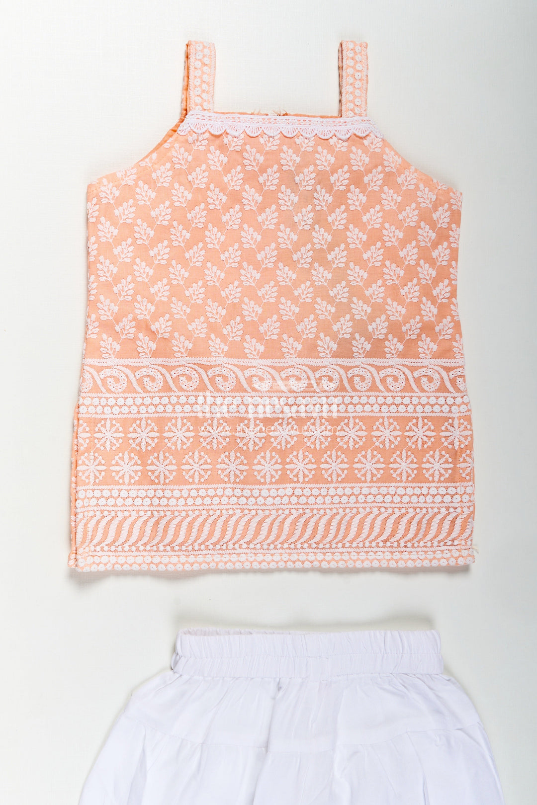 The Nesavu Girls Churidar Sets Girls Orange Chudi Set in Cotton with Embroidered Sleeveless Kurti and White Dhoti Pants Nesavu Girls Orange Chudi Set Thread Embroidery Cotton Kurti White Dhoti Dupatta | The Nesavu