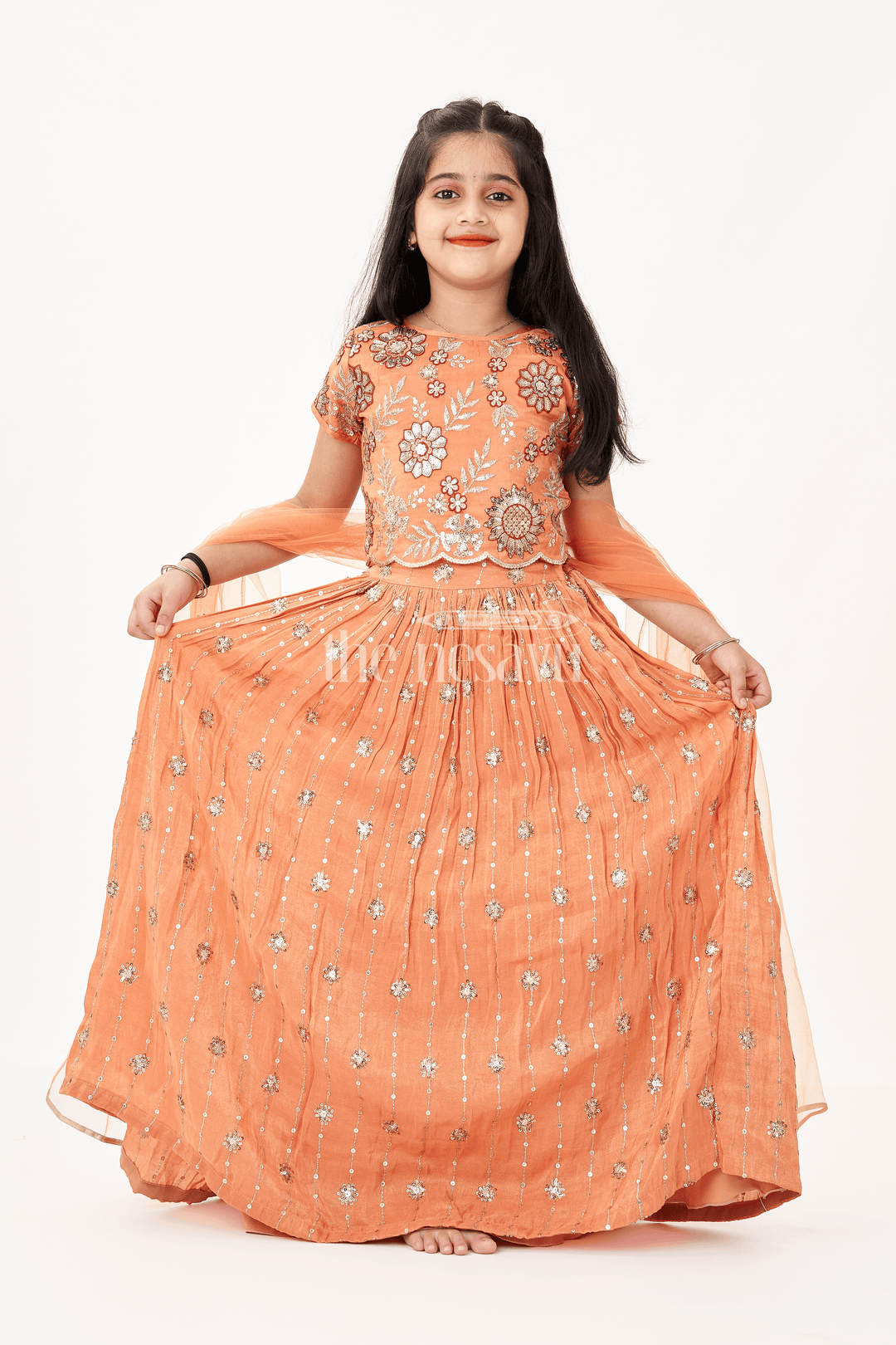 The Nesavu Girls Lehenga Choli Girls Orange Color Lehenga in Pure Shimmer Viscose Silk with Designer Embroidery and Floral Sequins Nesavu 16 (1Y) / Orange GL605B-16 Nesavu Girls Orange Lehenga in Pure Shimmer Viscose Silk with Floral Embroidery and Sequins