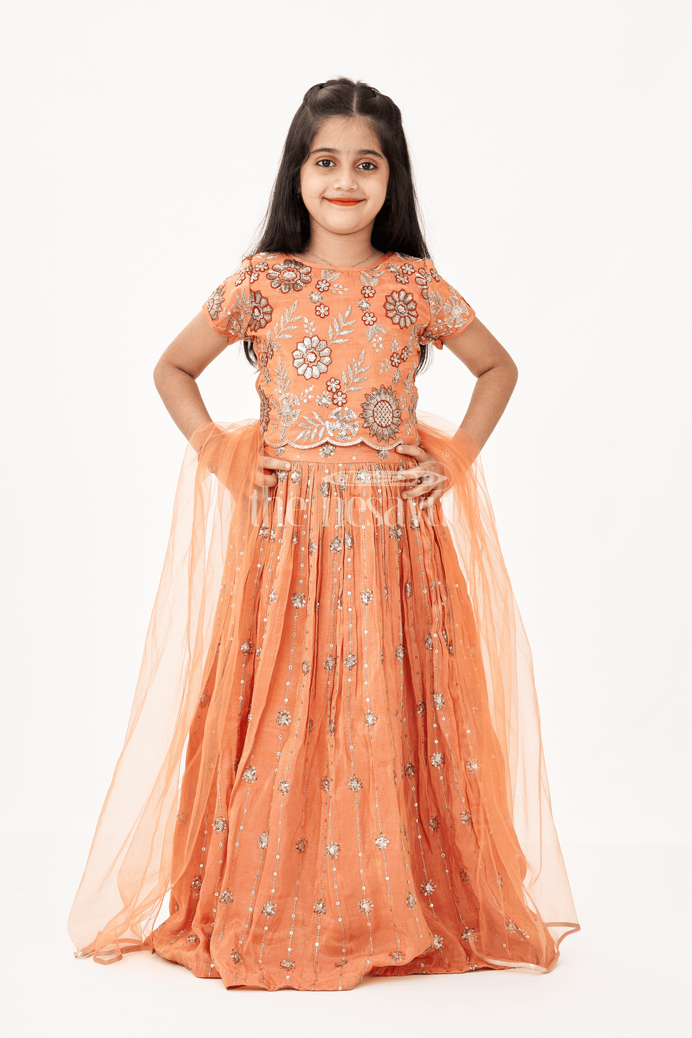 The Nesavu Girls Lehenga Choli Girls Orange Color Lehenga in Pure Shimmer Viscose Silk with Designer Embroidery and Floral Sequins Nesavu Nesavu Girls Orange Lehenga in Pure Shimmer Viscose Silk with Floral Embroidery and Sequins