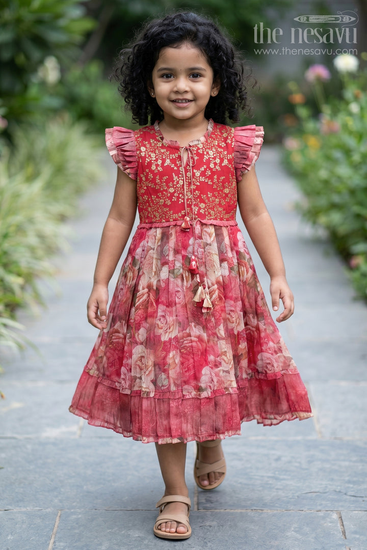 The Nesavu Girls Cotton Frock Girls Orange Frock Dress in Tissue Fabric with Floral Digital Print and Embroidered Yoke for a Chic Statement Look Nesavu 34 (10Y) / Orange GFC1671A-34 Girls Orange Tissue Frock Dress Floral Digital Print Sequin Embroidered Yoke Special Occasions | The Nesavu