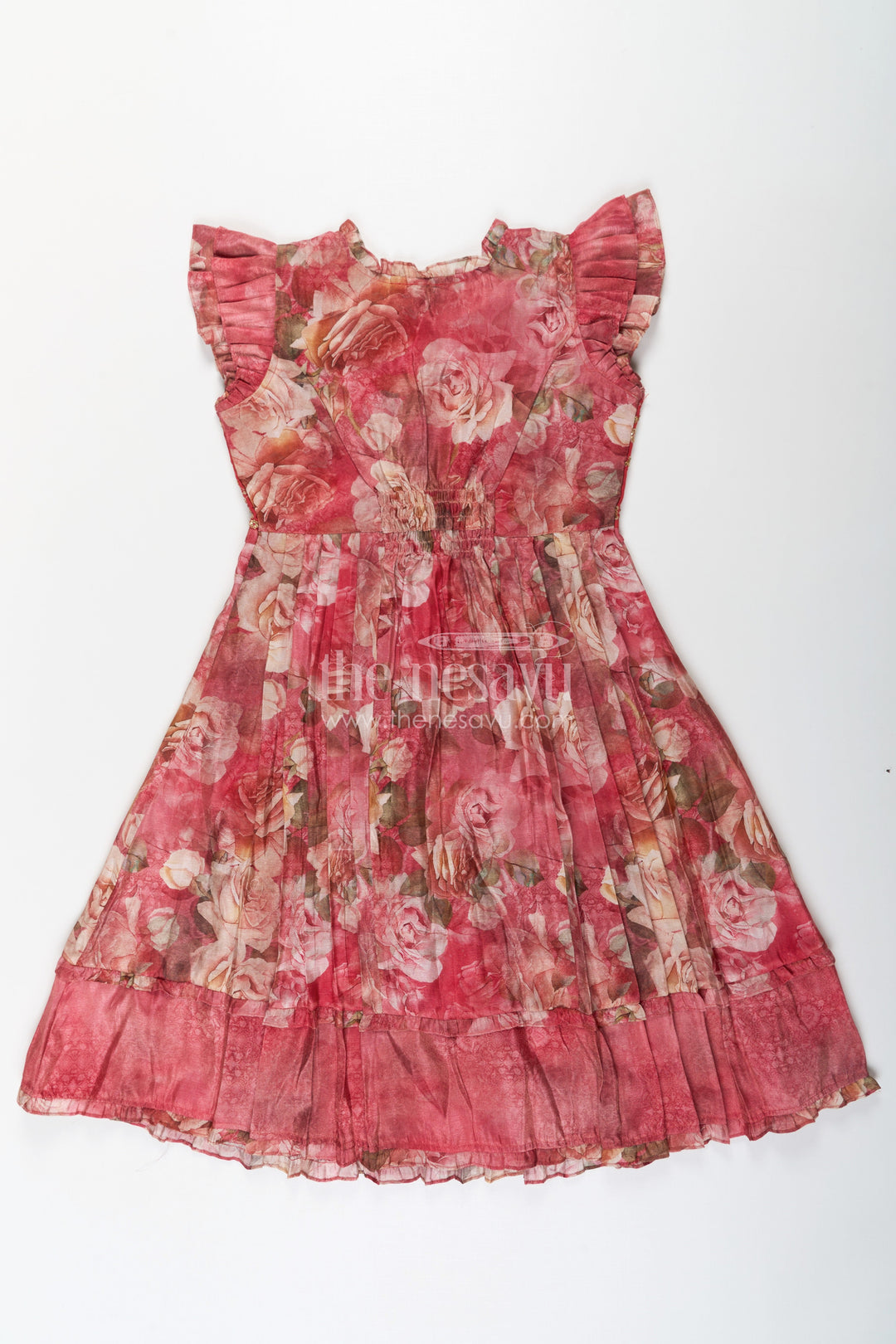 The Nesavu Girls Cotton Frock Girls Orange Frock Dress in Tissue Fabric with Floral Digital Print and Embroidered Yoke for a Chic Statement Look Nesavu Girls Orange Tissue Frock Dress Floral Digital Print Sequin Embroidered Yoke Special Occasions | The Nesavu