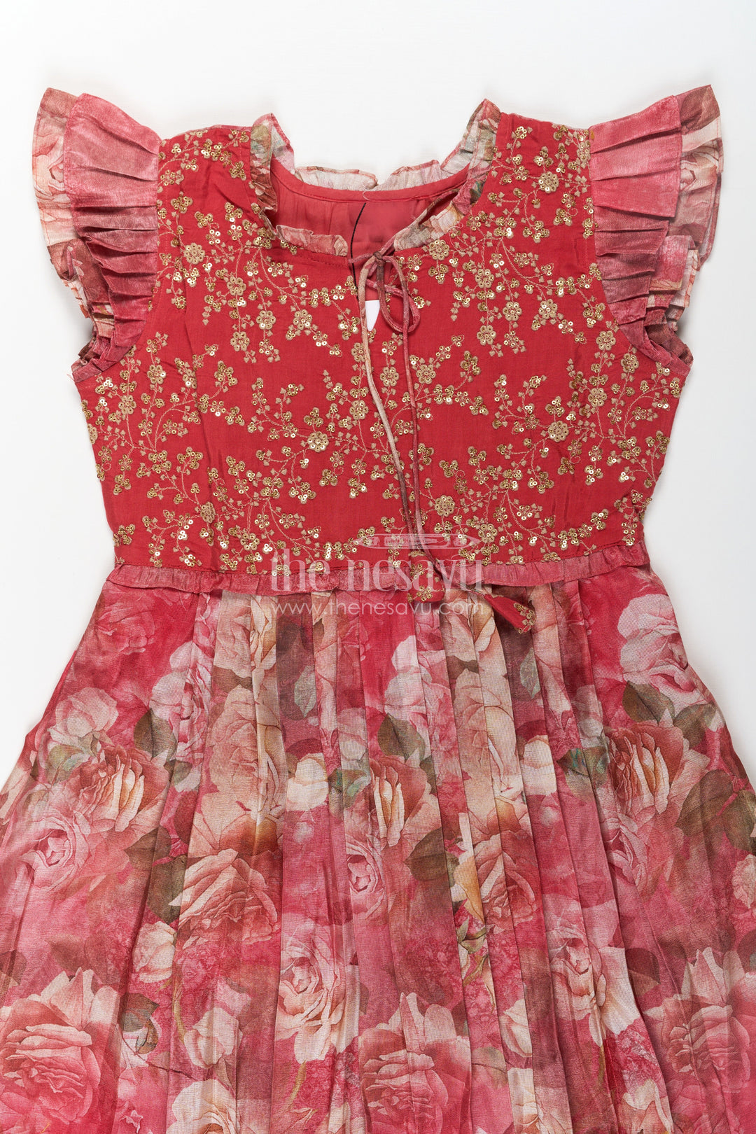 The Nesavu Girls Cotton Frock Girls Orange Frock Dress in Tissue Fabric with Floral Digital Print and Embroidered Yoke for a Chic Statement Look Nesavu Girls Orange Tissue Frock Dress Floral Digital Print Sequin Embroidered Yoke Special Occasions | The Nesavu