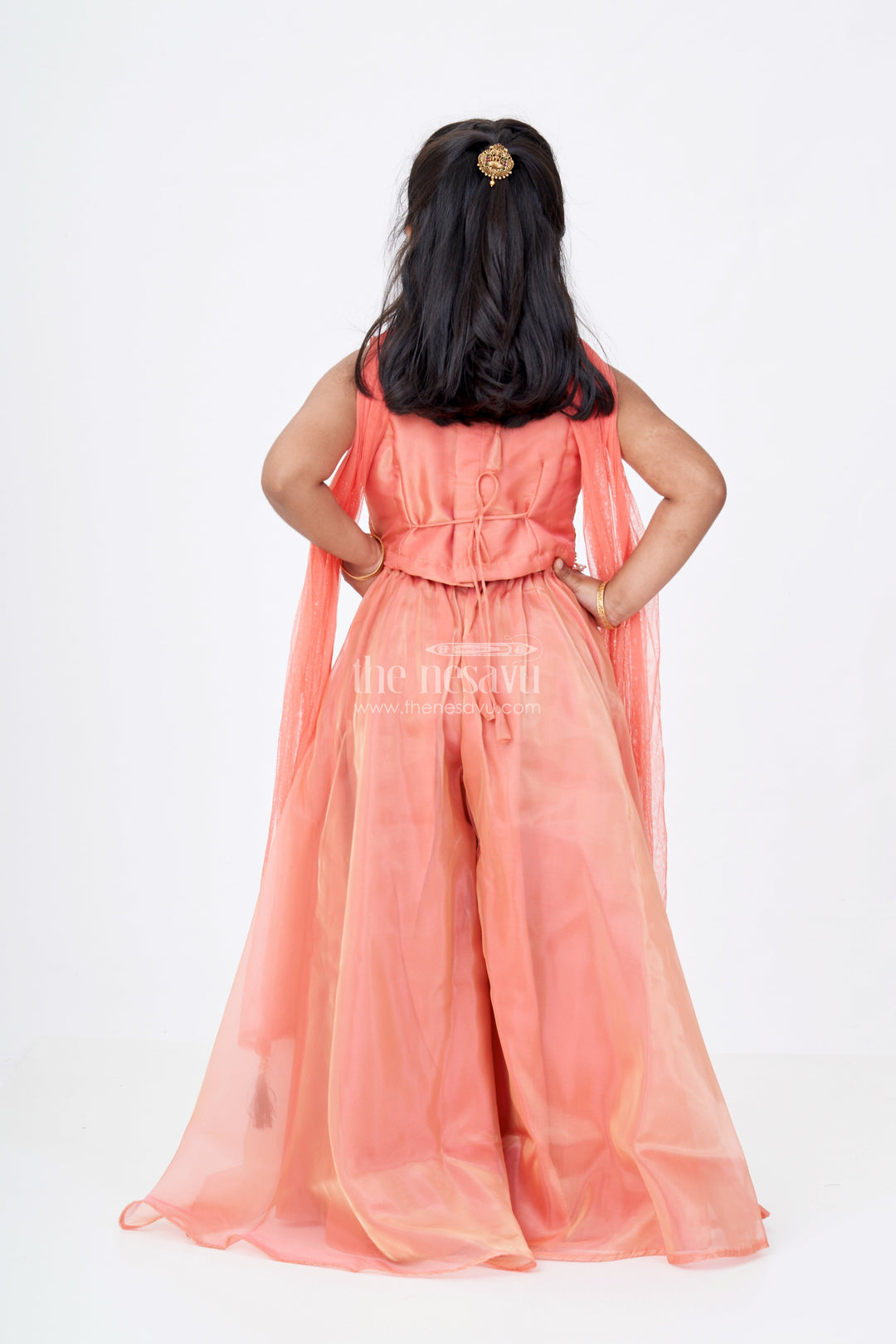 The Nesavu Girls Sharara / Plazo Set Girls Orange Jumpsuit Set in Glazed Organza with Designer Embroidery and Festive Dupatta Nesavu Girls Orange Jumpsuit Outfit Glazed Organza Embroidered Bodice Dupatta | The Nesavu
