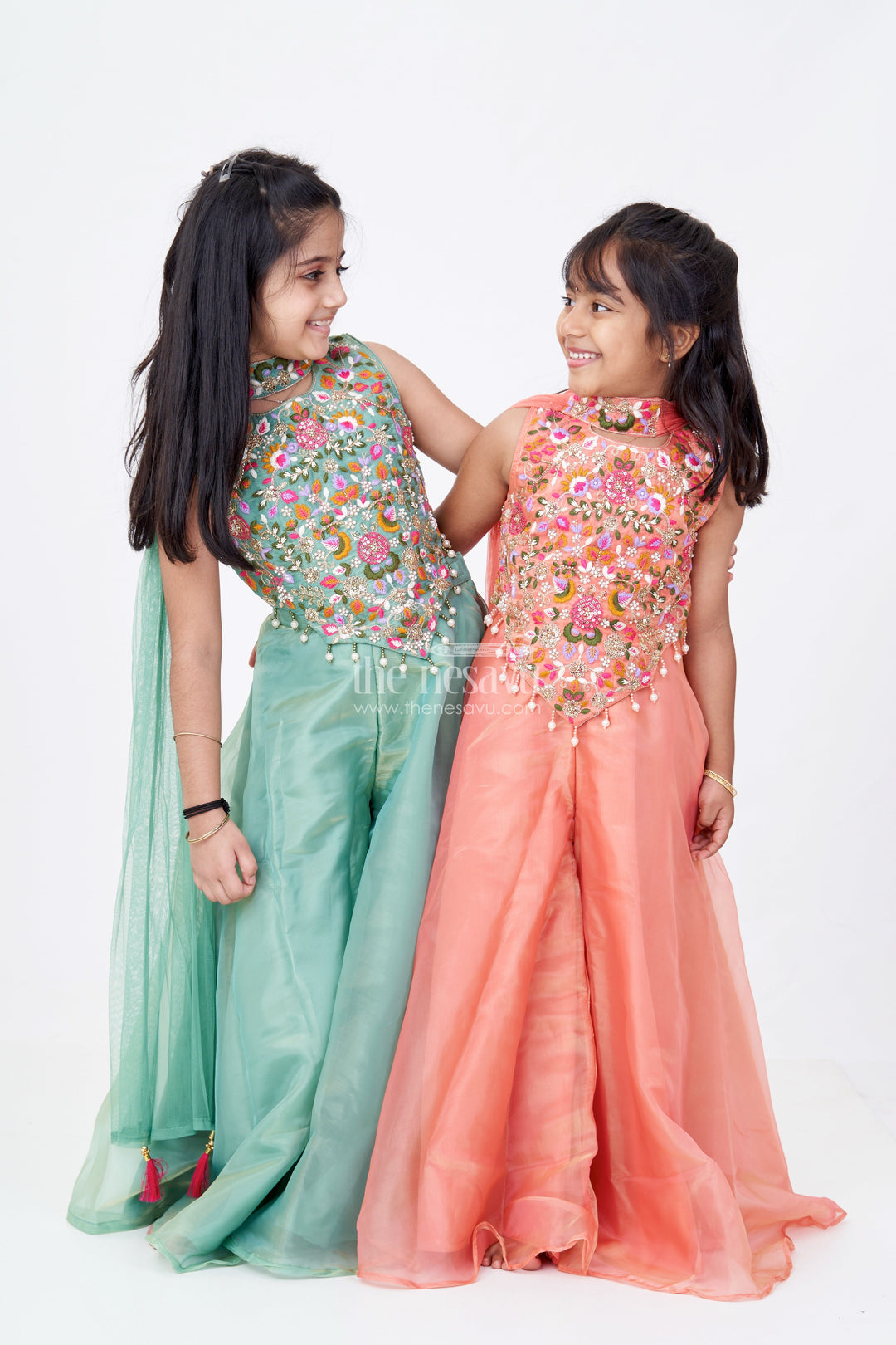 The Nesavu Girls Sharara / Plazo Set Girls Orange Jumpsuit Set in Glazed Organza with Designer Embroidery and Festive Dupatta Nesavu Girls Orange Jumpsuit Outfit Glazed Organza Embroidered Bodice Dupatta | The Nesavu