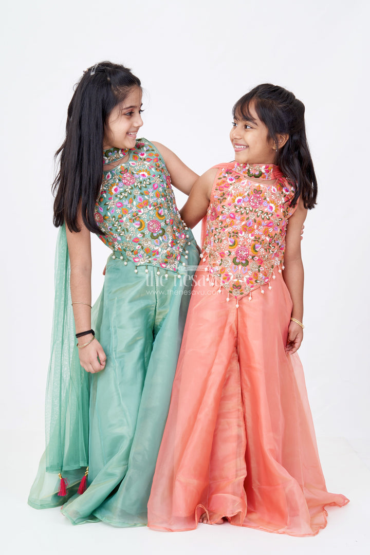 The Nesavu Girls Sharara / Plazo Set Girls Orange Jumpsuit Set in Glazed Organza with Designer Embroidery and Festive Dupatta Nesavu Girls Orange Jumpsuit Outfit Glazed Organza Embroidered Bodice Dupatta | The Nesavu