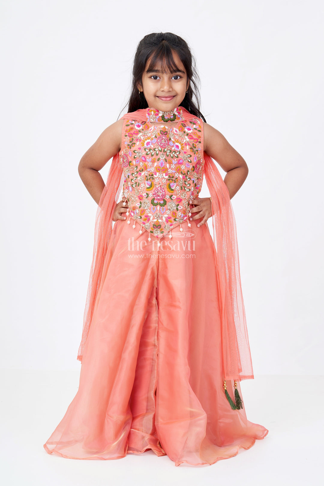 The Nesavu Girls Sharara / Plazo Set Girls Orange Jumpsuit Set in Glazed Organza with Designer Embroidery and Festive Dupatta Nesavu Girls Orange Jumpsuit Outfit Glazed Organza Embroidered Bodice Dupatta | The Nesavu