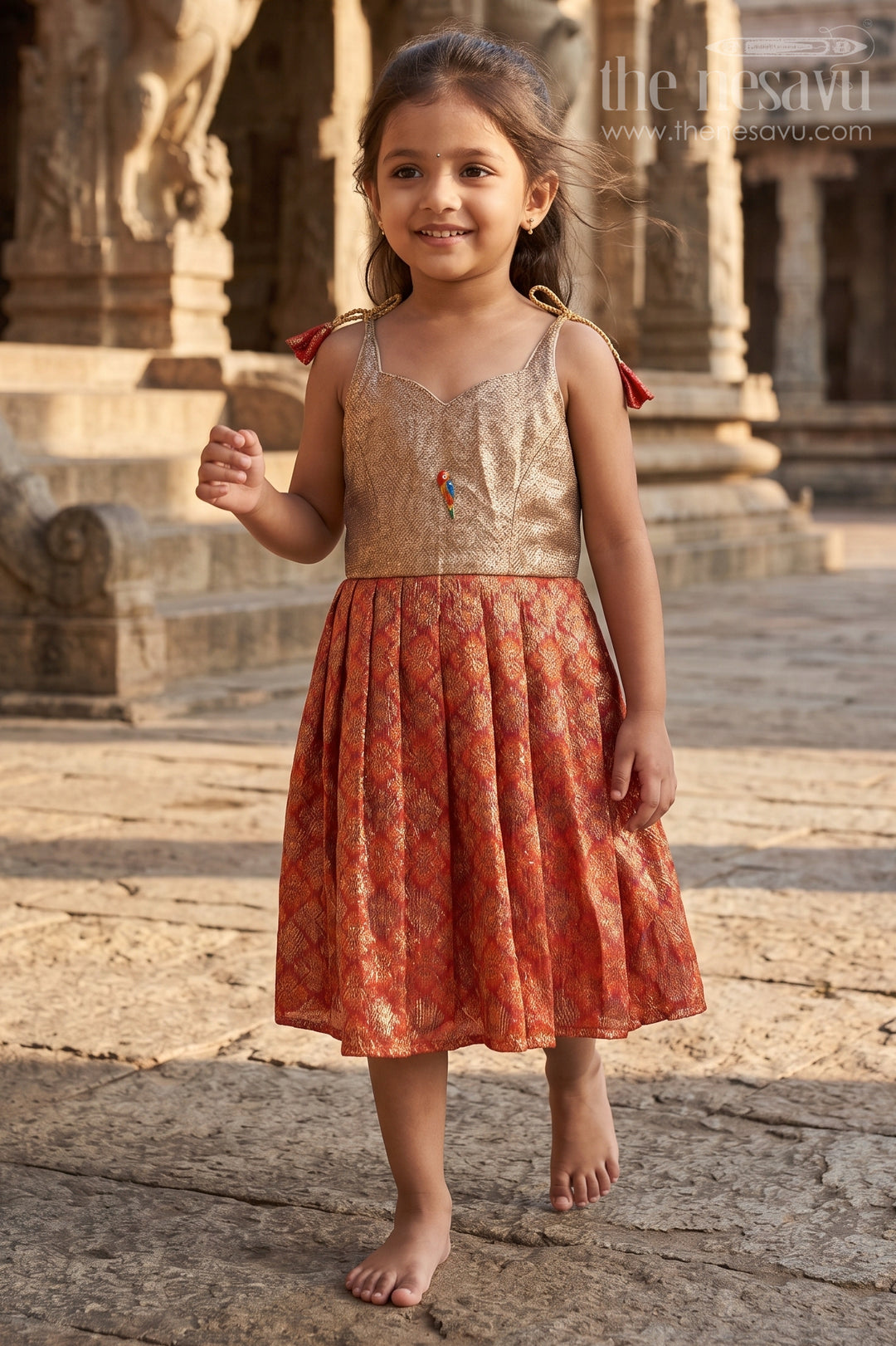 The Nesavu Tie-up Frock Girls Orange Tie up Frock for Festive Family Celebrations Nesavu 16 (1Y) / Gold / Semi Banarasi T440A-16 Nesavu Girls Orange Semi Banaras Tie Up Frock With Tissue Silk Yoke For Festive Wear
