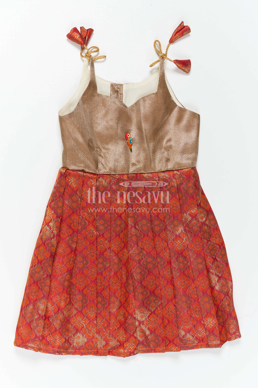 The Nesavu Tie-up Frock Girls Orange Tie up Frock for Festive Family Celebrations Nesavu Nesavu Girls Orange Semi Banaras Tie Up Frock With Tissue Silk Yoke For Festive Wear