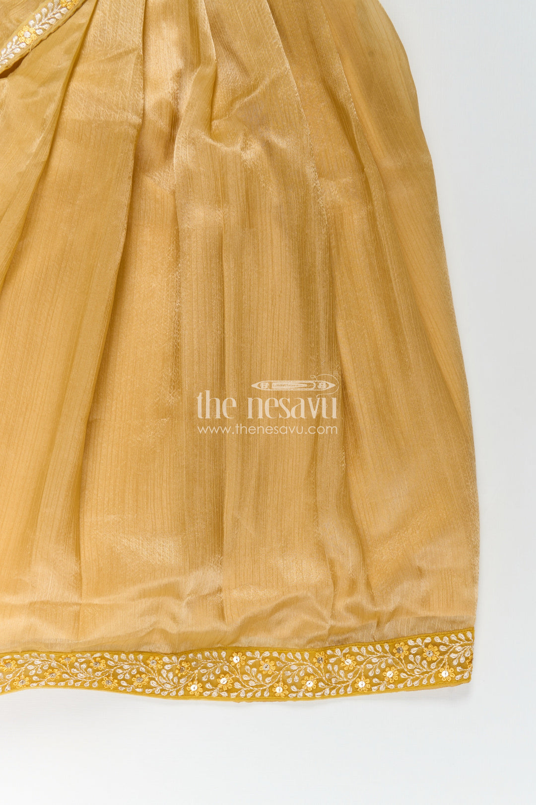 The Nesavu Girls Party Gown Girls Organza Anarkali Dress with Thread Embroidery Lace and Embellished Dupatta in Elegant Golden Tone Nesavu Girls Golden Organza Anarkali Dress with Embroidered Lace and Flowing Dupatta | The Nesavu