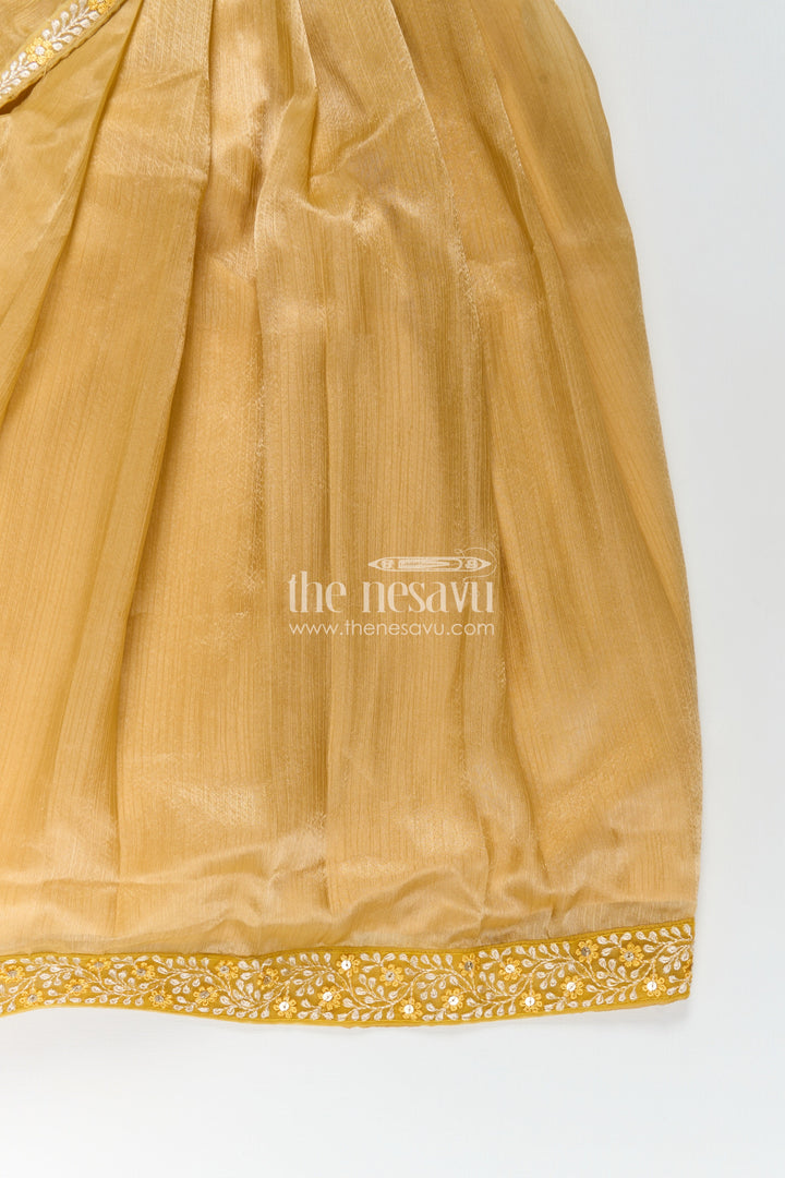 The Nesavu Girls Party Gown Girls Organza Anarkali Dress with Thread Embroidery Lace and Embellished Dupatta in Elegant Golden Tone Nesavu Girls Golden Organza Anarkali Dress with Embroidered Lace and Flowing Dupatta | The Nesavu
