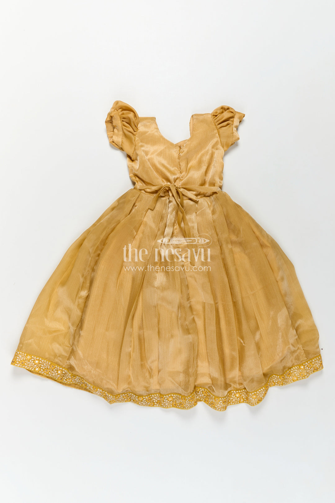The Nesavu Girls Party Gown Girls Organza Anarkali Dress with Thread Embroidery Lace and Embellished Dupatta in Elegant Golden Tone Nesavu Girls Golden Organza Anarkali Dress with Embroidered Lace and Flowing Dupatta | The Nesavu