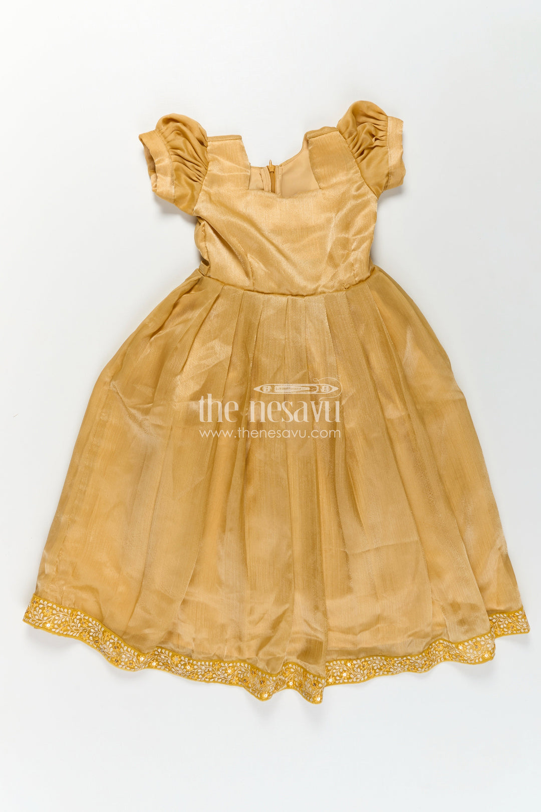 The Nesavu Girls Party Gown Girls Organza Anarkali Dress with Thread Embroidery Lace and Embellished Dupatta in Elegant Golden Tone Nesavu Girls Golden Organza Anarkali Dress with Embroidered Lace and Flowing Dupatta | The Nesavu