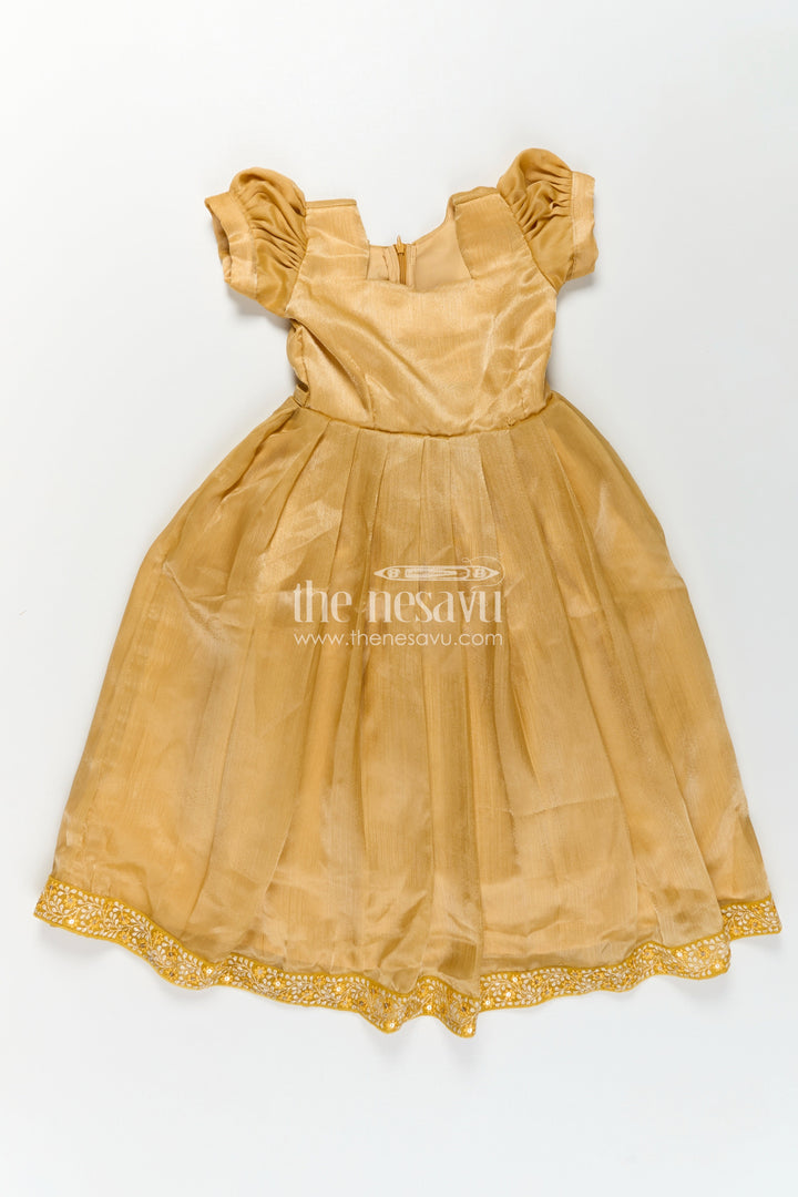 The Nesavu Girls Party Gown Girls Organza Anarkali Dress with Thread Embroidery Lace and Embellished Dupatta in Elegant Golden Tone Nesavu Girls Golden Organza Anarkali Dress with Embroidered Lace and Flowing Dupatta | The Nesavu