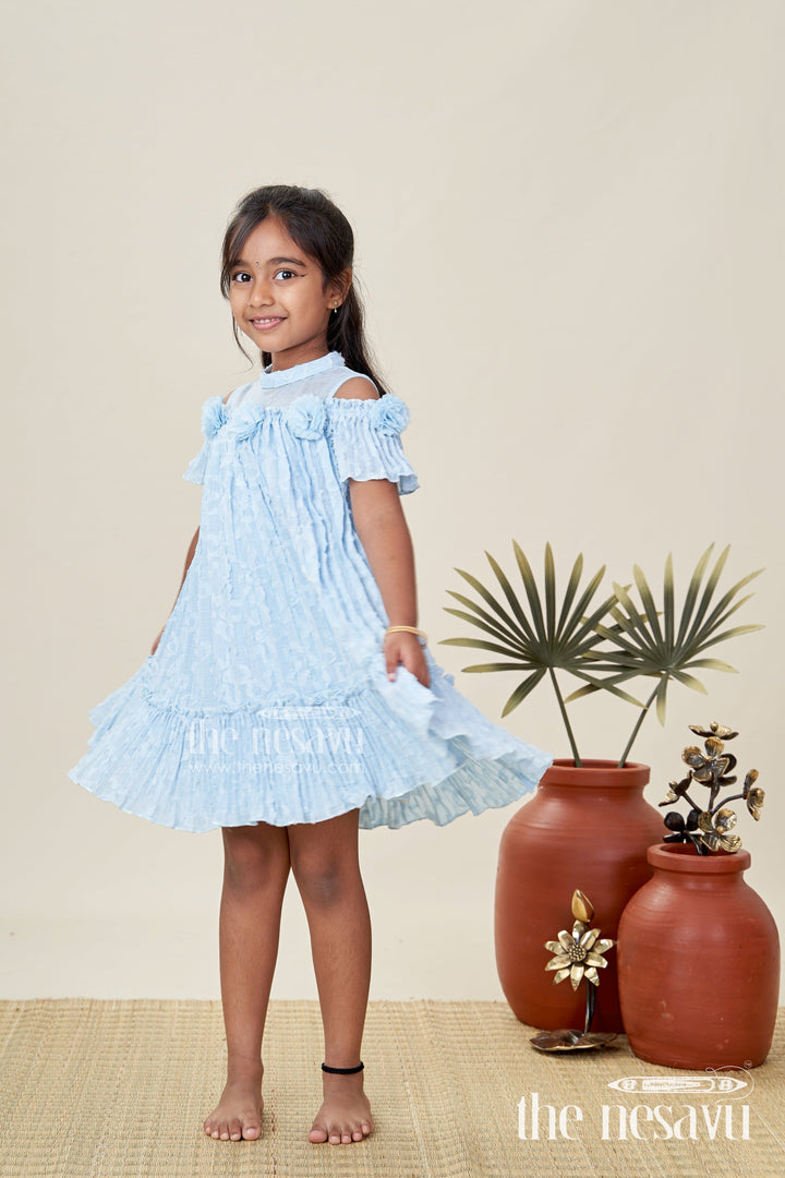 The Nesavu Girls Cotton Frock Girls Organza Frock Design 2025 in Sky Blue Crushed Fabric with Puff Sleeves and Delicate Flower Accents Nesavu 16 (1Y) / Blue GFC1790B-16 Nesavu Girls Organza Frock Design 2025 Sky Blue Crushed Finish Floral Puff Sleeves