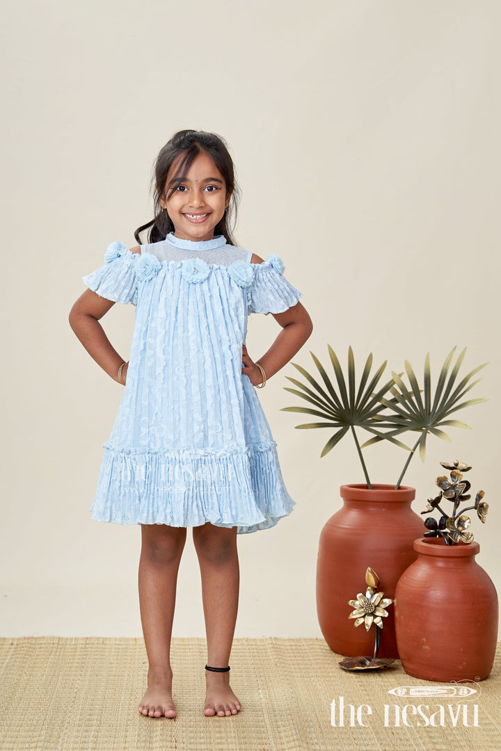 The Nesavu Girls Cotton Frock Girls Organza Frock Design 2025 in Sky Blue Crushed Fabric with Puff Sleeves and Delicate Flower Accents Nesavu Nesavu Girls Organza Frock Design 2025 Sky Blue Crushed Finish Floral Puff Sleeves