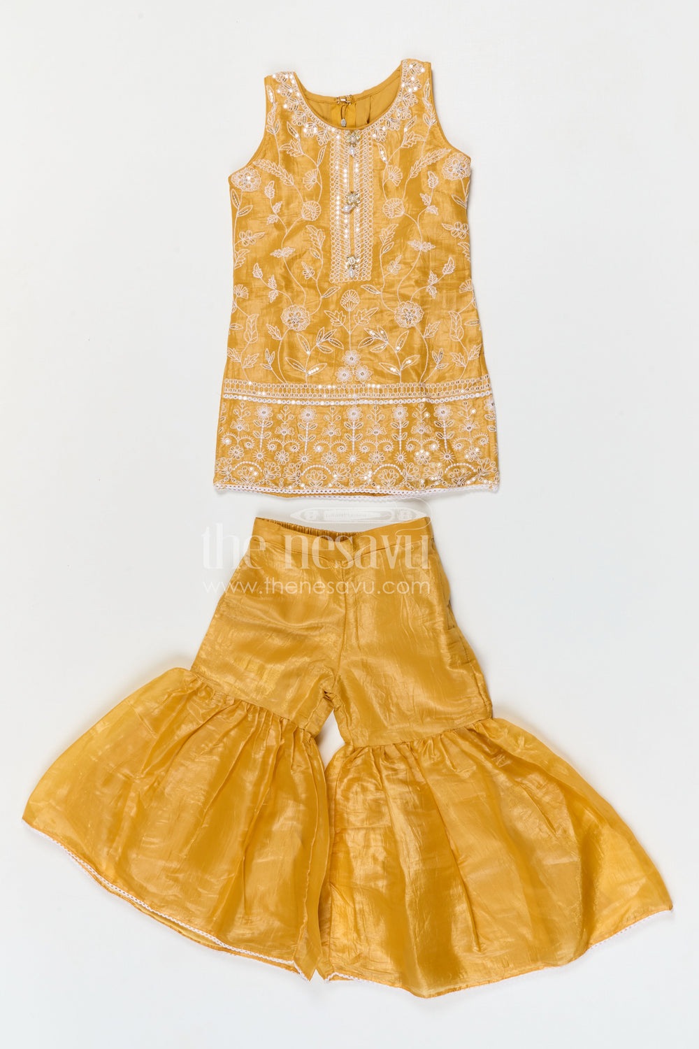 The Nesavu Girls Sharara / Plazo Set Girls Organza Sharara Set for Festive Celebrations and Wedding Events Nesavu Nesavu girls glaze organza sharara set with designer embroidered yoke for weddings and festive events